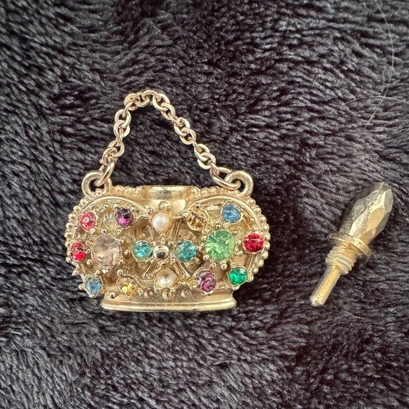 Vtg Mini Crown Rhinestone Perfume Bottle Charm with Dauber, Chain - Picture 7 of 7